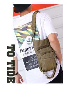 Detail of army green waterproof Oxford tactical leg bag with multi-pocket zipper design