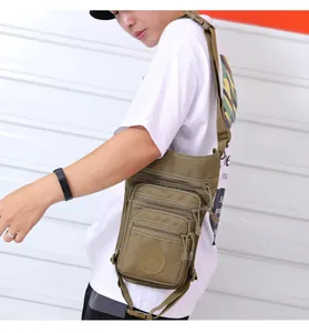 Rear view of khaki waterproof oxford leg bag with adjustable straps and buckles