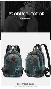 Detail view of dark green waterproof nylon chest bag with orange zippers and dual pockets