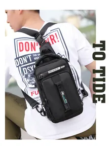 Outdoor lifestyle shot of black tactical chest bag with breathable mesh strap and zippers