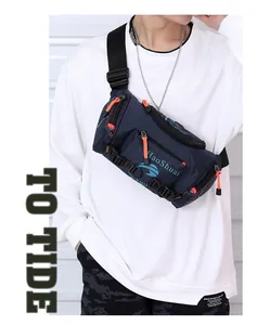 Detail of HaoShuai navy blue waterproof waist bag with orange zippers and buckle