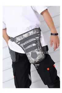 Side view of digital camouflage waterproof drop leg bag with adjustable straps on model