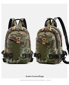 Front and side view of camo nylon chest bag with orange zipper pulls and graffiti print