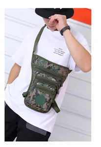 Detail of waterproof oxford tactical drop leg bag in forest digital camo pattern