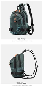 Detail view of water-resistant nylon chest bag with orange zippers and side logo