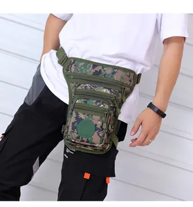Detail of waterproof digital camo tactical leg bag with adjustable straps and zipper pockets