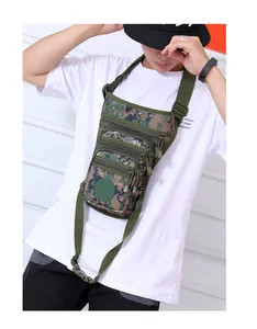 Close-up of tactical chest bag featuring pixel camouflage pattern and triple zip pockets
