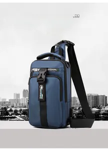 Close-up of a blue chest bag with multiple zipper pockets and adjustable shoulder strap