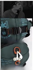 Detail of waterproof green nylon chest bag with rubber earphone jack and D-ring buckle