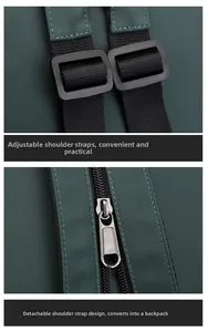 Detail of adjustable strap and zipper on dark green waterproof nylon crossbody chest bag