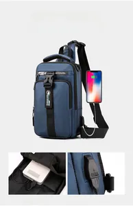 Detail view of water-resistant blue chest bag featuring side external USB charging port