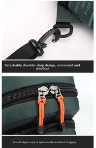 Detail of waterproof nylon sling bag showing detachable buckle and smooth double zippers