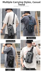 Men's fashion chest bag shown in four versatile carrying styles for urban travel