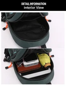 Detail view of multi-compartment green nylon bag showing internal storage capacity