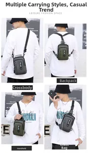 Detail view of waterproof chest bag showing four versatile carrying styles and USB port