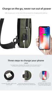 Détail du port de charge USB externe et de l'espace de rangement d'un sac de poitrine vert
