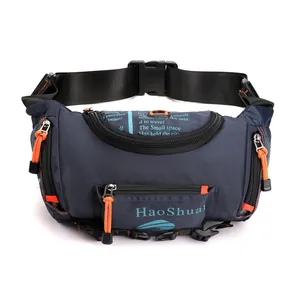 Waterproof navy outdoor waist bag with orange zippers and adjustable buckle strap