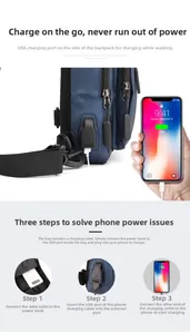 Detail view of the waterproof sling bag showing the integrated USB charging port and steps