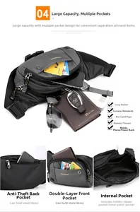 Detail of waterproof nylon waist bag showing multi-pocket storage for phone and wallet