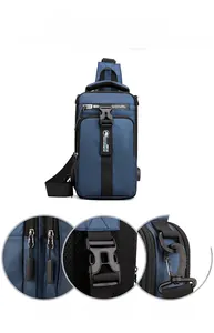Detail view of water-resistant navy sling bag showing buckles and zippers for men