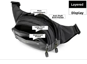 Detail view of the multi-compartment waterproof nylon waist bag with four zipper pockets