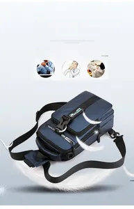 Detail of lightweight dark blue nylon crossbody bag showing zippers and functional straps