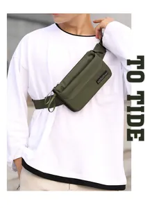 Detail of army green waterproof nylon crossbody chest bag with adjustable strap for men