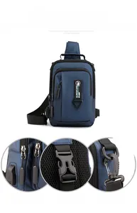 Detail of waterproof navy blue chest bag showing durable zippers and plastic buckles