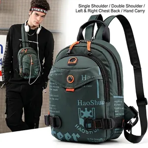 Versatile dark green waterproof nylon chest bag and backpack with orange drawstring accents