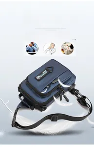 Detail of lightweight navy blue nylon crossbody bag weighing only 0.22kg with feather