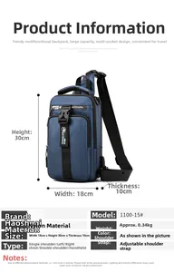 Detail view of navy nylon chest bag showing dimensions 18x30x10cm and multi-pocket design