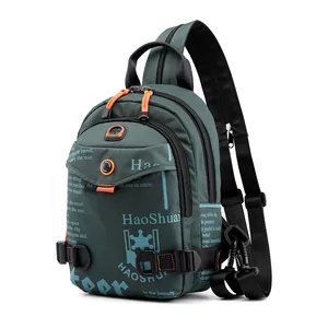Waterproof nylon outdoor chest bag for men in forest green with orange zipper accents