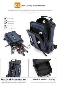 Deep blue waterproof chest bag for men showing multi-zipper compartments and USB port