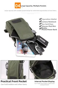 Détails des compartiments du sac de poitrine en nylon olive avec espace pour iPad et objets