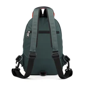 Deep green waterproof nylon outdoor chest bag with adjustable black straps on back view