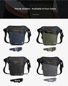 Four colors of waterproof tactical leg bags in deep blue, army green, black, and grey