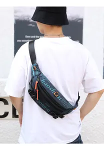 Detail of navy nylon crossbody chest bag with bright orange zipper pull and HAOSHUAI logo