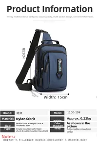Detailed sizing chart for blue nylon crossbody bag showing 23x15x6 cm dimensions and specs