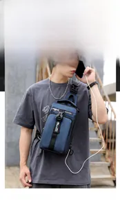 Detail of blue sling bag featuring built-in USB charging port and multi-zipper pockets