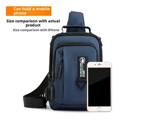 Navy nylon chest bag detail showing large capacity for smartphone and USB charging port
