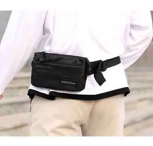 Outdoor street view of the black waterproof nylon crossbody chest bag with adjustable strap