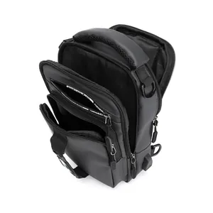 Black multifunctional chest bag with USB port and multiple waterproof zipper compartments