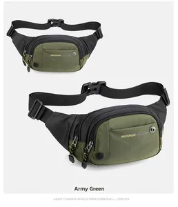 Detail of army green waterproof nylon waist bag with sturdy buckle and logo