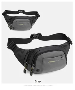 Macro detail of waterproof nylon fabric and adjustable buckle on grey outdoor waist bag