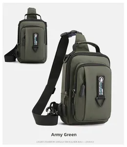Army green waterproof nylon chest bag for men showing side and front views with USB port