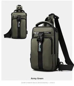 Detail view of military green men chest bag with USB port and professional webbing strap