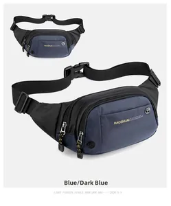 Detail view of dark blue waterproof nylon waist bag with zippers and buckle
