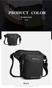 Detail of multi-functional black tactical leg bag showing compartments and adjustable straps