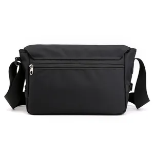 Waterproof black oxford messenger bag for men with back zipper pocket and adjustable strap