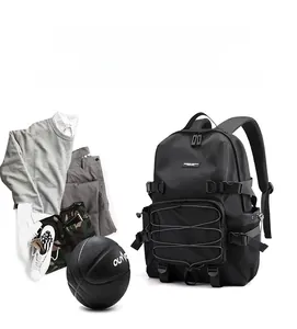 Detail of waterproof black multi-functional backpack with mesh pocket and elastic straps